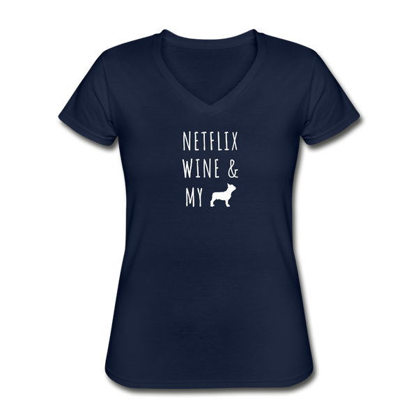 Netflix, Wine, & My French Bulldog | V-Neck Tee | Women - navy