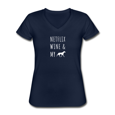 Netflix, Wine, & My Greyhound | V-Neck Tee | Women - navy