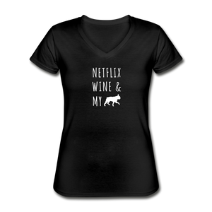 Netflix, Wine, & My Boston Terrier | V-Neck Tee | Women - black