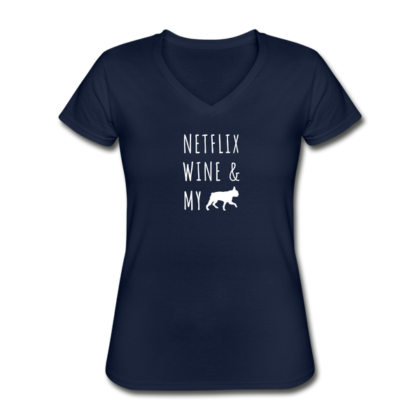 Netflix, Wine, & My Boston Terrier | V-Neck Tee | Women - navy
