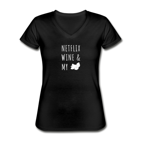 Netflix, Wine, & My Maltese | V-Neck Tee | Women - black