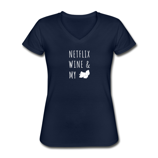 Netflix, Wine, & My Maltese | V-Neck Tee | Women - navy