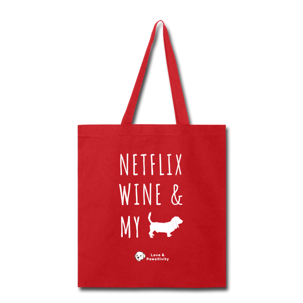 Netflix, Wine, & My Hound | Tote Bag - red