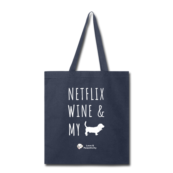 Netflix, Wine, & My Hound | Tote Bag - navy