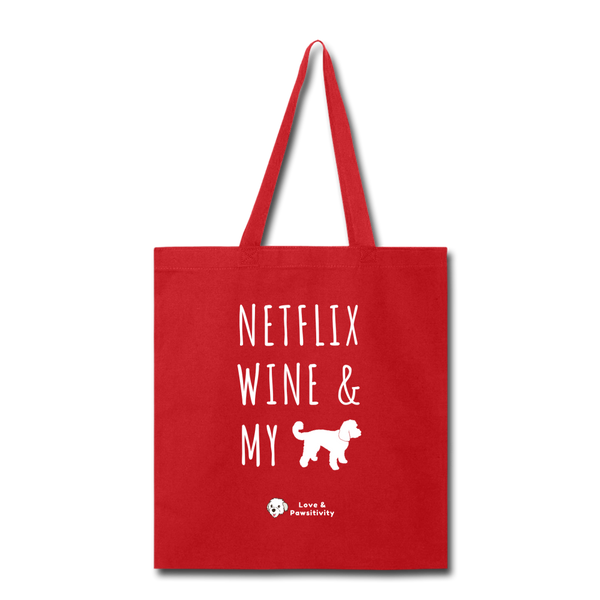 Netflix, Wine, & My Doodle Mix | Tote Bag - red