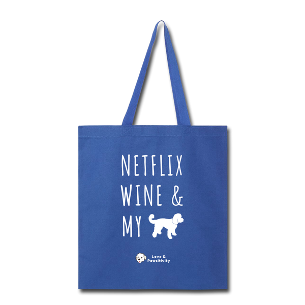 Netflix, Wine, & My Doodle Mix | Tote Bag - royal blue
