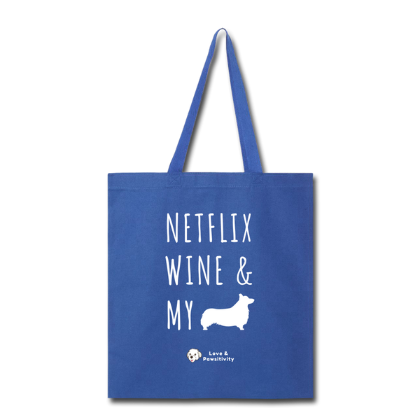Netflix, Wine, & My Corgi | Tote Bag - royal blue