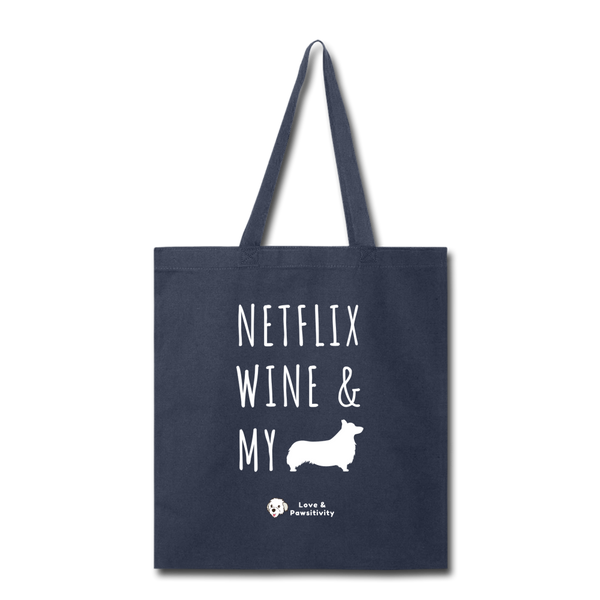 Netflix, Wine, & My Corgi | Tote Bag - navy