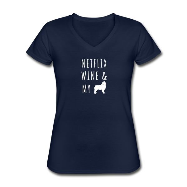Netflix, Wine, & My Australian Shepherd | V-Neck Tee | Women - navy