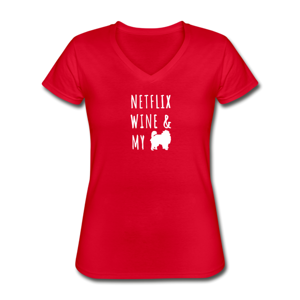 Netflix, Wine, & My Pomeranian | V-Neck Tee | Women - red