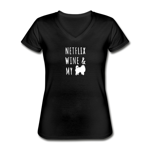 Netflix, Wine, & My Pomeranian | V-Neck Tee | Women - black