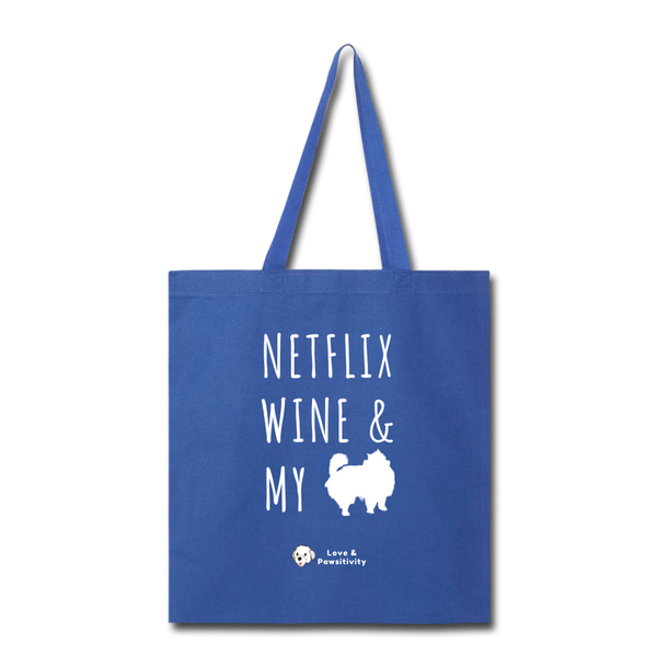 Netflix, Wine, & My Pomeranian | Tote Bag - royal blue