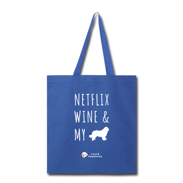 Netflix, Wine, & My Newfoundland | Tote Bag - royal blue