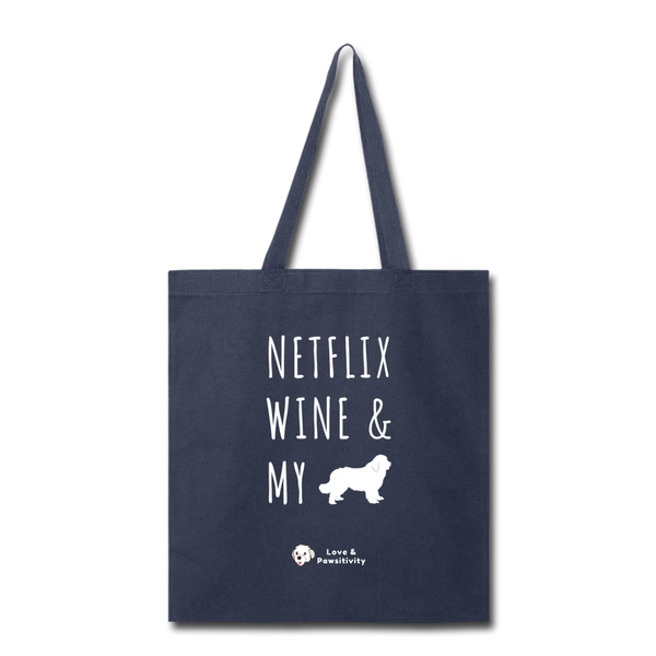 Netflix, Wine, & My Newfoundland | Tote Bag - navy